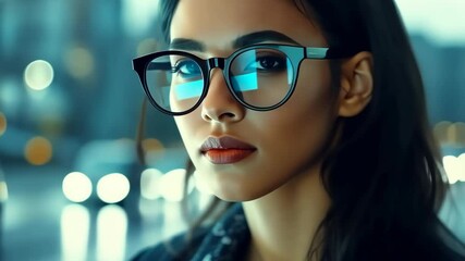 Poster - A focused young professional in stylish glasses is immersed in thought within a vibrant cityscape, where dynamic, blurred lights symbolize rapid technological advancements in the business world