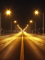 Poster - Nighttime shot of a deserted highway with working streetlights