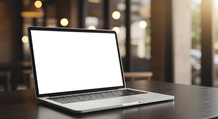 desk laptop with blank screen on table of coffee