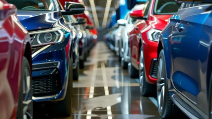 Poster - The images showcase a vibrant automotive manufacturing facility, filled with rows of newly crafted vehicles, showcasing advanced technology in mechanical engineering and production.