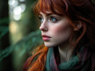 Aufkleber - A close up shot of a woman with bright red hair, focused on her facial features