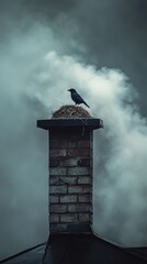 Poster - A black bird perches on top of a chimney