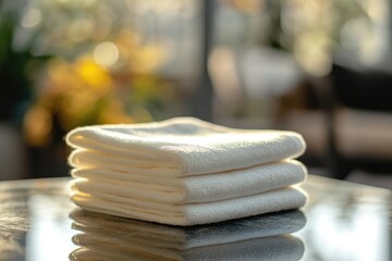 Poster - A pile of soft white towels stacked on a table, ready for use