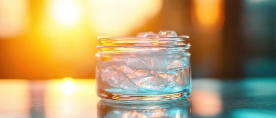 Poster - A clear glass jar filled with ice sits on a table, perfect for drinks or as a decorative piece