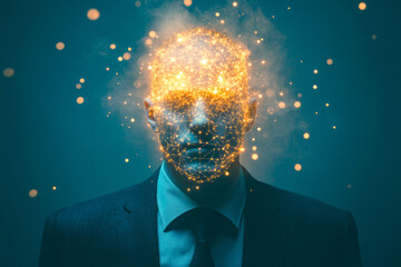 Poster - A striking fusion of a human silhouette and radiant digital energy represents intelligence and innovation in the modern age.