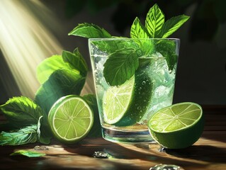 Poster - Fresh drink garnished with citrus and herbs, perfect for relaxation or as a healthy beverage option