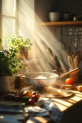 Poster - A simple kitchen scene with a bowl of food on the counter, great for editorial or commercial use
