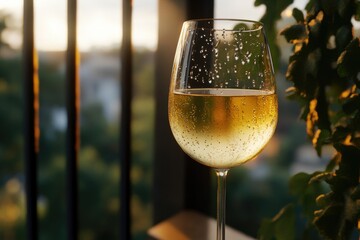 Poster - A glass of white wine sits on a table