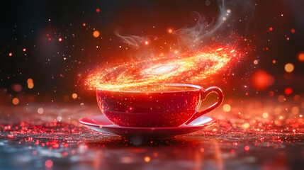 Poster - A visually striking image of a steaming red coffee cup with an impression of a swirling galaxy emerging from it, suggesting creativity.