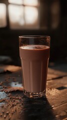 Poster - A glass of chocolate milk sits on a table, ready for consumption
