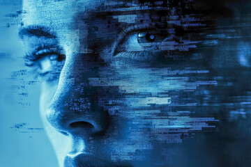 Poster - An abstract portrayal of a woman's face, blended with digital lines and patterns, symbolizing technology and identity.