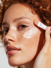 Poster - A close-up portrait of a woman with distinctive freckles on her face