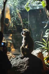 Poster - A monkey sits atop a rocky outcropping beside a tall tree, offering a glimpse into the animal's natural habitat
