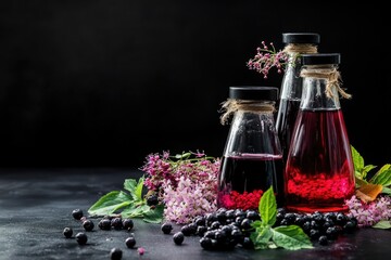 Poster - A still life featuring a few bottles filled with liquids and surrounded by fresh flowers
