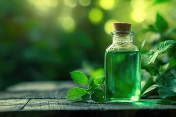 Poster - A bottle of green liquid sits on top of a wooden table, possibly a chemical or potion