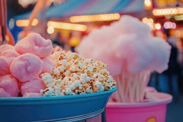 Poster - A bowl of popcorn and cotton candy on a table, perfect for a party or snack