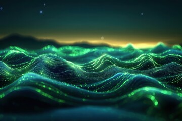 Poster - captivating green waves illuminated by a twilight sky over an abstract landscape