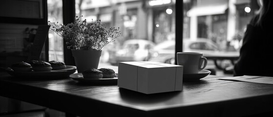 Poster - A black and white photo of a table with a box of doughnuts, perfect for a cafe or bakery setting
