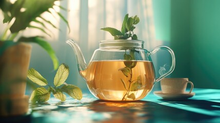 Poster - A cozy scene with a tea pot and a plant, surrounded by a cup of tea