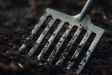 Poster - A garden tool stuck in the ground covered in dirt, ideal for use in gardening or DIY projects