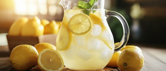 Poster - Freshly squeezed lemonade with lemons on a wooden table