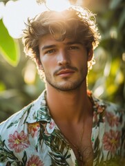 Poster - A man with a long beard wearing a colorful floral shirt, suitable for use in lifestyle, travel or outdoors photography