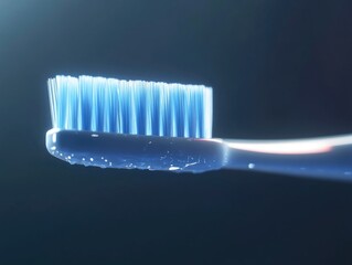Poster - A toothbrush with blue bristles on a black background