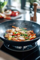 Poster - A plate of chicken and mixed vegetables being cooked on a stove