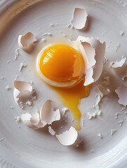 Poster - A cracked egg sits alone on a white plate, perfect for food or still life photography