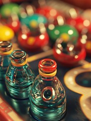 Poster - Close up view of a collection of glass bottles on a wooden table, perfect for use in still life photography or product shots