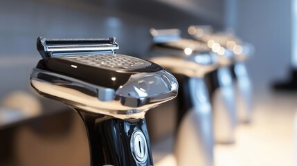 Poster - A row of electric shavers sits on top of a counter, ready for use