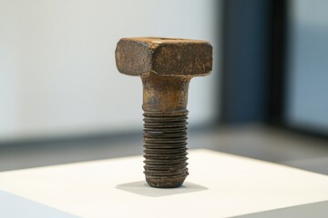 Poster - A single wooden screw placed on a white surface, ideal for use in product photography or DIY tutorials