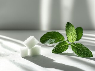 Poster - A small pile of sugar cubes next to a sprig of fresh mint, perfect for garnishing drinks or adding a touch of sweetness