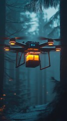 Poster - Aerial photography of a drone flying over a dark forest at night