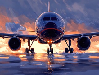 Poster - A large jetliner parked on the airport tarmac, ready for takeoff or landing