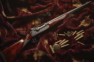 Poster - A gun and various bullet shells lying on a soft, luxurious velvet surface