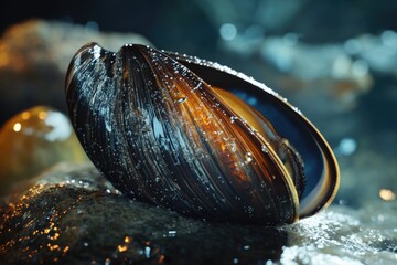 Poster - A close-up view of a clam sitting on a rock, its shell open