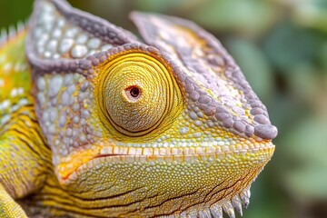 Poster - A close-up view of a chameleon's head with its tongue out