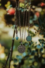 Aufkleber - A pair of necklaces hang from a tree branch, possibly as part of a ritual or ceremony