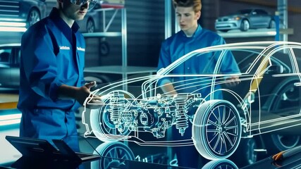 Poster - Engineers are using advanced holographic displays to better visualize complex automotive designs, while AIs fusion with mechanical engineering improves vehicle development and outcomes