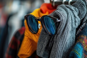 Poster - A rack of colorful sweaters and trendy sunglasses displayed for customers to browse