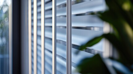 Poster - A close-up view of a window with blinds, ideal for use in interior design or architecture contexts