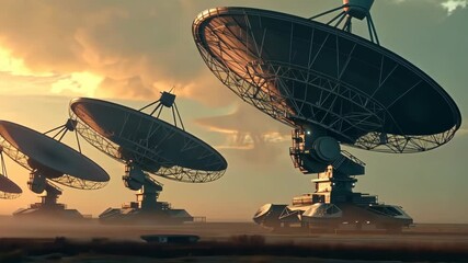 Aufkleber - Three advanced satellite dishes stand majestically against a dusk sky, representing the intersection of technology and communication, enabling global connectivity and information exchange