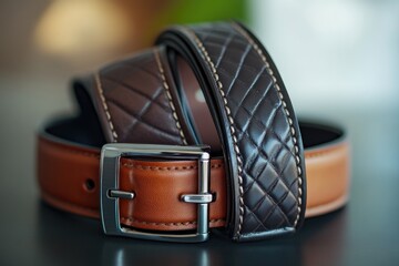 Aufkleber - A pair of brown leather belts resting on a table