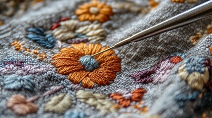 Poster - A detailed view of a needle placed on a piece of cloth, ideal for use in textile-related or crafting context
