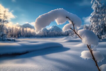 Poster - A single snow-covered branch stands out in a vast snowy field, ideal for winter or seasonal designs