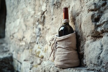 Poster - A bottle of wine wrapped in a burlap sack, perfect for picnics or outdoor events