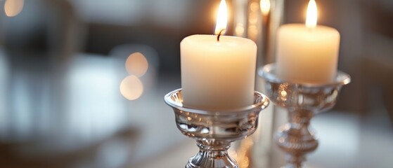Poster - Two white candles placed on a table, ideal for decorative purposes or as a symbol of peace and tranquility