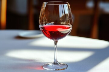Poster - A single glass of red wine placed on a wooden table, perfect for a cozy evening or romantic dinner