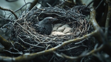 Poster - A bird sitting in its nest on a tree branch